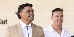 NRL players Latrell Mitchell and Jack Wighton arrive at ACT Magistrates Court on Tuesday.