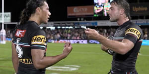Jarome Luai and Jaeman Salmon have words in front of Channel Nine’s cameras after full-time.