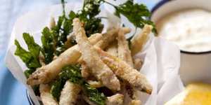 Whitebait'chips'with green tabasco mayonnaise.