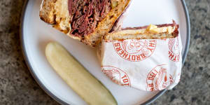 ***EMBARGOED FOR GOOD WEEKEND,MAY 14/22 ISSUE*** Tothy Brothers Deli.Reuben sandwich with signature pastrami. 28th April 2022. Photo:Edwina Pickles/ SMH Good Weekend