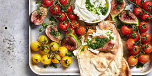 Blistered tomato,fig and crispy pita with herb dressing:ready in minutes. 