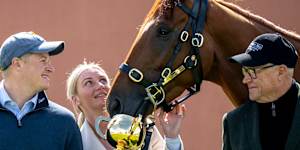 Calvin McEvoy (left),Jamie Melham and Tony McEvoy with Melbourne Cup winner Half Yours.