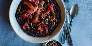 Black rice porridge with stewed fruit at Three Blue Ducks.