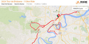 The Tour de Brisbane course map for the 110km ride in 2024.