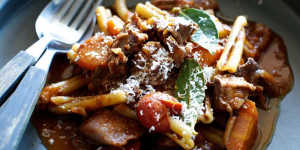 On the up:Goat ragu with red wine.