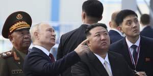 Putin and Kim examine a launch pad during their meeting at the Vostochny Cosmodrome.