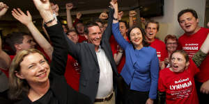 Victorious Labor candidate Anthony Lynham with jubilant Opposition Leader Annastacia Palaszczuk celebrating victory in the Stafford by-election.