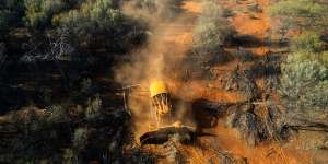 A bulldozer repairing tracks through mulga forest on a carbon farm near Quilpie,Queensland.
