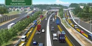 An artist's impression of planned upgrades to the WestConnex motorway:M5 East and King Georges Road interchange in Beverly Hills.