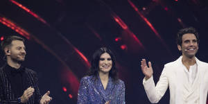 Eurovision hosts Mika,Laura Pauosini and Alessandro Cattelan.