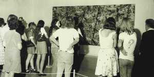 A crowd turned out to view “Blue Poles” when it went on display at the Art Gallery of NSW on April 8,1974.