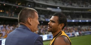 Jeff Kennett and Cyril Rioli in Rioli’s last season of AFL football,in 2018.