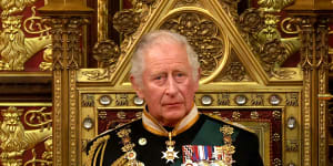 Prince Charles sits by the Imperial State Crown as he delivers the Queen’s Speech during the state opening of parliament at the House of Lords in London.