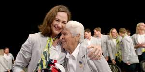 Cate Campbell embraces swimming legend Dawn Fraser after being announced as a flag bearer for the Tokyo Games.