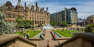 On a sunny day in Sheffield,the Peace Gardens will be full of students and locals.