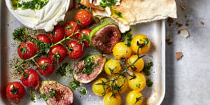 Blistered tomato,fig and crispy pita with herb dressing. 