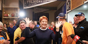 Pauline Hanson arrives at a One Nation meeting in Rosebud on Friday night.