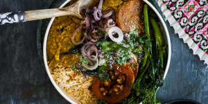 Like a hug in a bowl:Peshwari topped dhal with curry-roasted pumpkin and greens.