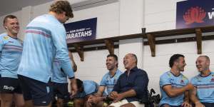 Richard Tombs speaking to Waratahs players in the Leichhardt Oval dressing rooms.