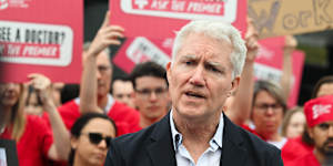 Dr Mark Priestley addresses the crowds at the doctors’ strike at Westmead Hospital on Tuesday.