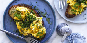 Danielle Alvarez's buttery scrambled eggs. Recipes from Good Food Kitchen episode 1 October 2021. Good Food use only.