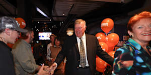 David Farley arrives at the One Nation election party on Saturday night.
