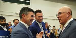 Dutton with new Victorian state Liberal leadership duo Brad Battin (left) and Sam Groth (centre). 