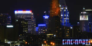 Downtown Cincinnati lit up in Buffalo Bills colours in support of Hamlin.