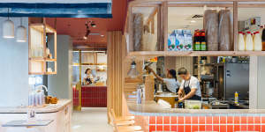 The 70-seat eatery is all pastels,banquettes and timber.