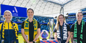 A-League Women stars Taren King,Emily Gielnik,Elise Kellond-Knight and Chloe Logarzo at Allianz Stadium on Friday.