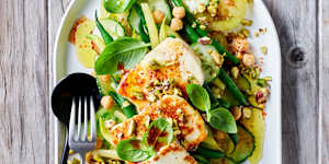Green bean and chickpea salad with crispy halloumi and tajin dressing.