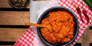 Ajvar,a condiment made from red capsicum,garlic,eggplant and chillies.