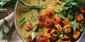 Turmeric roasted sweet potato,tomato and tamarind curry recipe. Four vegetarian and vegan curries for Good Food July 2018. Please credit Katrina Meynink.