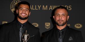Brisbane Broncos player Payne Haas (left) and Gregor Haas arrive at the 2019 Dally M Awards at the Hordern Pavilion in Sydney