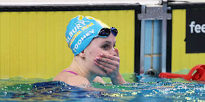 Stunned:Sienna Toohey after smashing her personal best in the women’s 100m breaststroke final at the Australian trials.