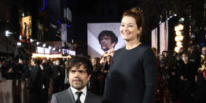 Dinklage with his wife Erica Schmidt,who directed him in the stage version of Cyrano,at the film’s London premiere. 