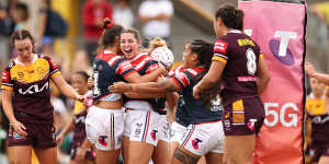 Jocelyn Kelleher celebrates scoring a try during the Roosters’ NRLW semi-final win over Brisbane.