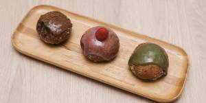 Comeco Foods'signature sourdough doughnuts - (from left) mocha custard,raspberry custard and macha custard.