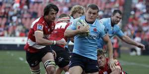 Tom Robertson scored a try in the Waratahs’ Super Rugby semi-final loss to the Lions at Ellis Park in 2018. 