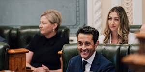 Premier David Crisafulli and Youth Justice Minister Laura Gerber (back right) will expand the LNP’s Adult Crime,Adult Time laws to include mandatory sentencing for children on bail. 