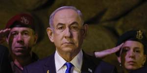 Benjamin Netanyahu at a wreath-laying ceremony marking Holocaust Remembrance Day at Yad Vashem,the World Holocaust Remembrance Centre,in Jerusalem on Monday.