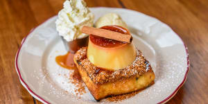 Honey butter toast with creme caramel on top.