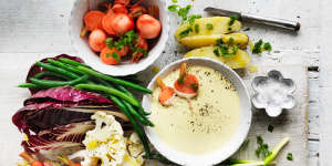 Adam Liaw's bagna cauda with fresh and pickled spring vegetables.