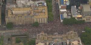An aerial view of Melbourne’s Invasion Day protest.