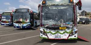 Sydney's buses line up for the Christmas decoration competition. Commuters are advised to plan ahead for Christmas and New Year public transport. 