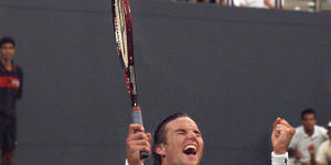 Rafter celebrates his 6-3,6-2,4-6,7-5 win over Great Britain’s Greg Rusedski.