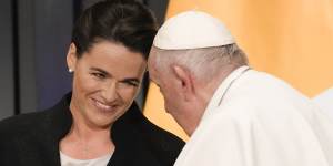 Then-Hungarian president Katalin Novak with Pope Francis in April 2023.