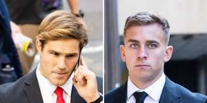 COmposite - NRL player Jack de Belin is facing a retrial over allegations he and Callan Sinclair raped a teenager in 2018.. 19th April 2021. Photo:Edwina Pickles/ SMH. Callan Sinclair at the Downing Centre. NRL player Jack de Belin is facing a retrial over allegations he and Callan Sinclair raped a teenager in 2018.. 19th April 2021. Photo:Edwina Pickles/ SMH