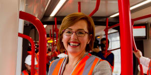 Minister for Transport Meegan Fitzharris for her first ride on Canberra's light rail.