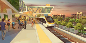An artist’s impression of a station along the Direct Sunshine Coast Rail Line,proposed to link commuters from Maroochydore into the existing North Coast Line south toward,and beyond,Brisbane.